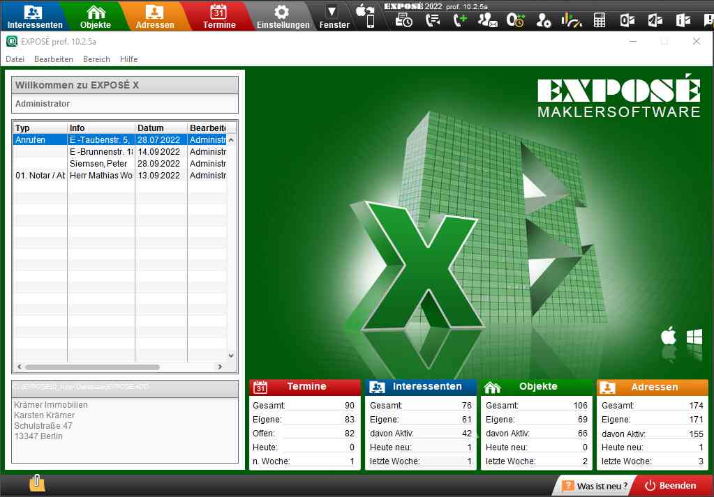 Startmaske der Maklersoftware EXPOSÉ