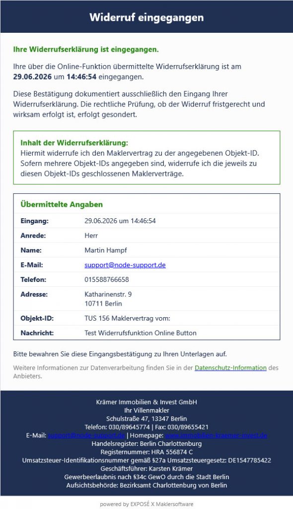 Bestätigungs-E-Mail des Vertrags-Widerrufs von der Webseite