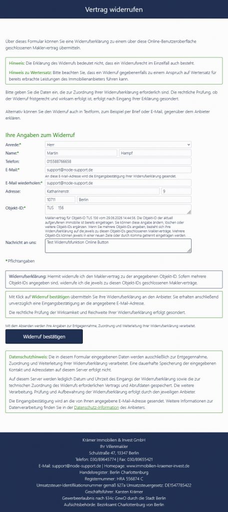 Widerruf des Maklervertrages auf der Webseite