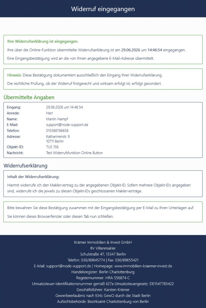 Bestätigungsseite des Eingangs des Widerrufs