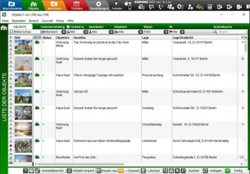 Liste der Objekte mit den wichtigsten Eckdaten